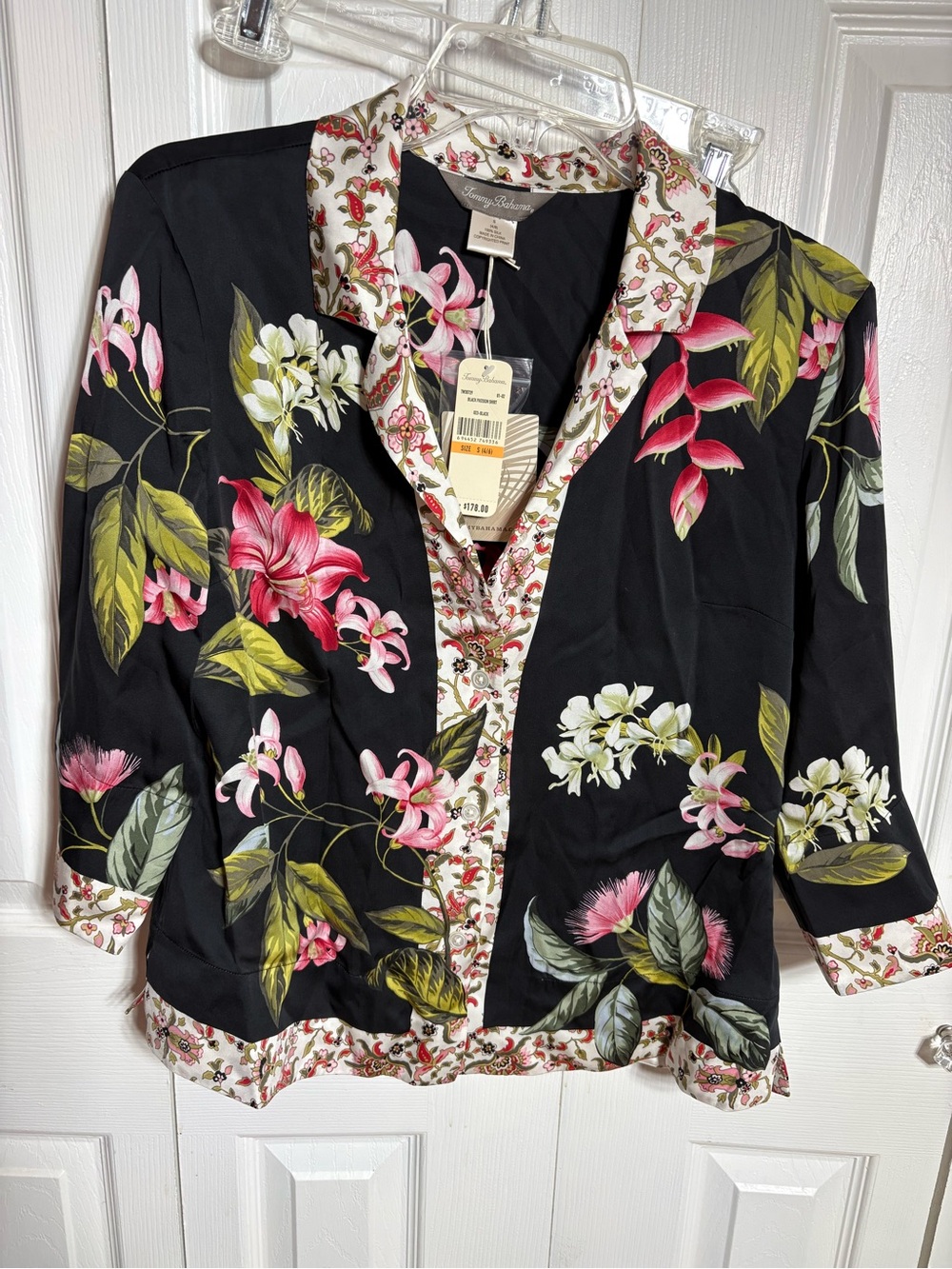 Tommy Bahama Black Floral Resort Shirt with Pink & Green Accents